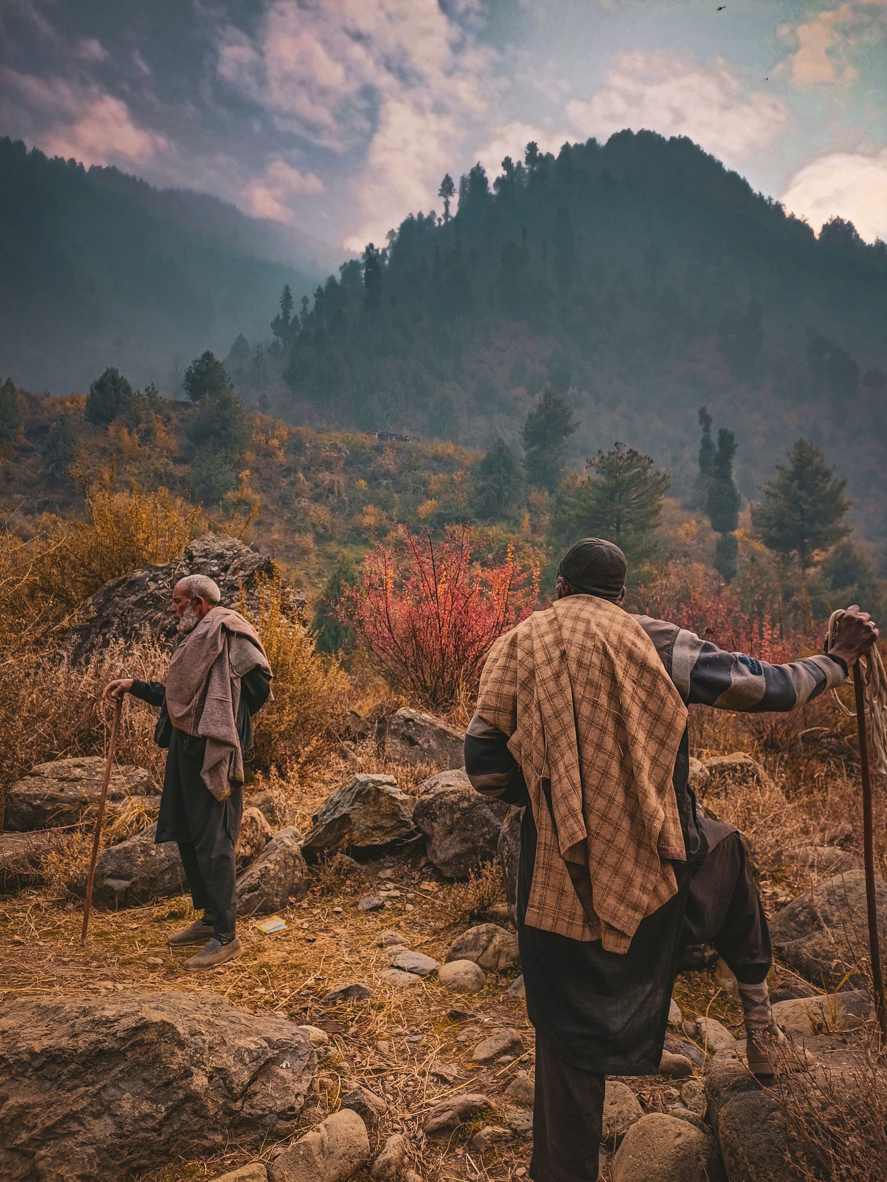 Older adults hiking through a colorful mountain landscape